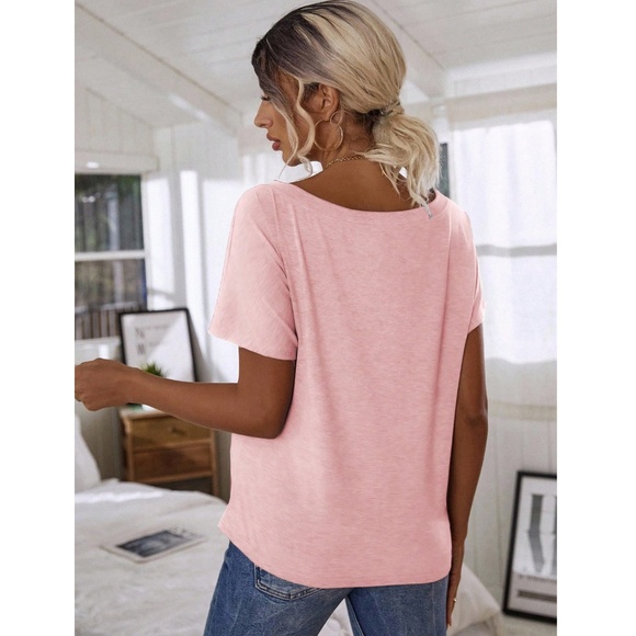 Boat Neck Batwing Sleeve Light Pink Tee Shirt Short Sleeve - Picture 2 of 8